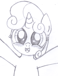 Size: 1220x1600 | Tagged: safe, artist:an-tonio, sweetie belle, pony, unicorn, g4, blushing, cute, diasweetes, female, filly, foal, looking at you, monochrome, open mouth, open smile, sketch, smiling, solo, traditional art