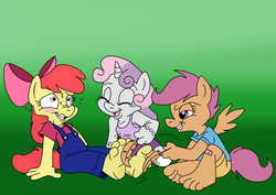 Size: 800x565 | Tagged: safe, artist:ced75, artist:kuroi-wolf, apple bloom, scootaloo, sweetie belle, earth pony, anthro, plantigrade anthro, g4, barefoot, clothes, cutie mark crusaders, denim, feet, female, fetish, foot fetish, jeans, lesbian, long pants, overalls, pants, tickling, toes