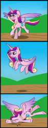 Size: 1000x2673 | Tagged: safe, artist:icesticker, princess cadance, g4, comic, crash, eyes closed, female, floppy ears, flying, gritted teeth, running, solo, spread wings, underhoof