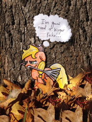 Size: 1024x1365 | Tagged: safe, artist:thedragonfly52413, applejack, g4, appletini, autumn, leaves, newbie artist training grounds, paper child, photo, rake, traditional art