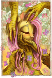 Size: 750x1131 | Tagged: safe, artist:cosmicunicorn, discord, fluttershy, butterfly, g4, adoracreepy, blushing, claws, creepy, cute, ear fluff, eyes closed, female, male, petting, ship:discoshy, shipping, smiling, straight, touch