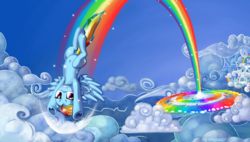 Size: 4370x2480 | Tagged: safe, artist:the-human-wolf, rainbow dash, g4, belly button, cloud, cloudsdale, cloudy, female, flying, solo, sonic rainboom, sparkles, underhoof