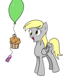 Size: 731x876 | Tagged: safe, artist:varemia, derpy hooves, pegasus, pony, g4, balloon, female, mare, muffin, open mouth, present, smiling, solo