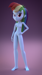 Size: 540x960 | Tagged: dead source, safe, artist:3d thread, artist:creatorofpony, rainbow dash, equestria girls, g4, 3d, 3d model, barbie doll anatomy, blender, breasts, featureless breasts, featureless crotch, feet, female, gradient background, nudity, solo, toes