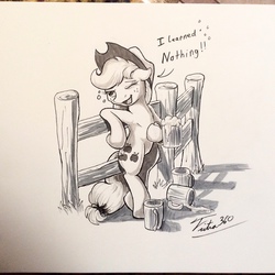 Size: 1280x1280 | Tagged: safe, artist:tsitra360, applejack, g4, drunk, drunk aj, female, monochrome, solo, traditional art