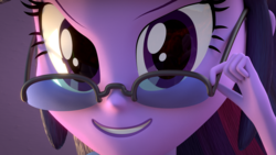 Size: 1920x1080 | Tagged: safe, artist:3d thread, artist:creatorofpony, twilight sparkle, equestria girls, g4, 3d, 3d model, blender, close-up, evil smile, extreme close-up, female, glare, glasses, grin, smiling, smirk, solo