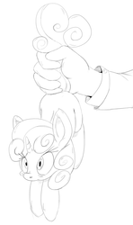 Size: 593x1000 | Tagged: safe, artist:purple-yoshi-draws, sweetie belle, human, pony, g4, blushing, hand, holding a pony, monochrome, tail hold, tail pull