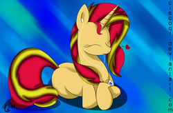 Size: 900x590 | Tagged: safe, artist:ciscoql, sunset shimmer, pony, unicorn, g4, eyes closed, female, headphones, heart, lying down, mp3 player, solo