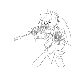 Size: 1500x1500 | Tagged: safe, artist:yunguy1, pony, bipedal, carbine, clothes, gloves, gun, holster, lineart, m4a1, military, monochrome, shirt, socks, solo, undershirt, vest, wip