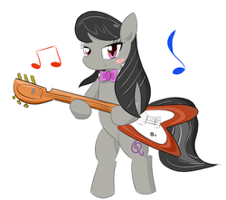 Size: 1936x1711 | Tagged: safe, artist:timorikawa, octavia melody, earth pony, pony, g4, bipedal, blush sticker, blushing, female, guitar, looking at you, mare, music notes, musical instrument, pixiv, simple background, smiling, solo, white background