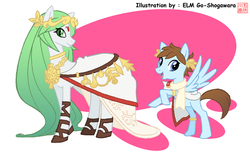 Size: 800x486 | Tagged: safe, artist:elm goshogawara, earth pony, pegasus, pony, clothes, colt, dress, duo, female, jewelry, kid icarus, laurel wreath, looking at you, male, mare, open mouth, palutena, pit (kid icarus), pixiv, ponified, rearing, smiling, spread wings