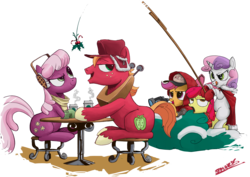 Size: 3508x2480 | Tagged: safe, artist:php60, apple bloom, big macintosh, cheerilee, scootaloo, sweetie belle, earth pony, pony, g4, bedroom eyes, big macintosh's yoke, binoculars, bush, cape, chair, cheeribetes, cloak, clothes, coffee, cute, cutie mark crusaders, earmuffs, fishing rod, frown, glare, hat, high res, holly, holly mistaken for mistletoe, licking, licking lips, macabetes, male, mittens, nose wrinkle, open mouth, raised eyebrow, scarf, ship:cheerimac, shipper on deck, shipping, sitting, smiling, snow, stallion, stool, straight, table, tongue out, unamused, winter