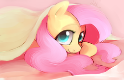 Size: 1081x703 | Tagged: dead source, safe, artist:dotkwa, fluttershy, pegasus, pony, g4, bed, blanket, cute, female, looking at you, lying down, mare, prone, shyabetes, signature, smiling, solo