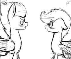 Size: 1024x853 | Tagged: safe, artist:lrusu, rumble, scootaloo, g4, female, male, monochrome, ship:rumbloo, shipping, sketch, straight