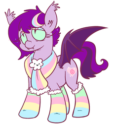 Size: 1556x1669 | Tagged: safe, artist:softcoremirth, oc, oc only, oc:pubbychub, bat pony, pony, clothes, cute, eyeshadow, scarf, socks, solo, striped socks