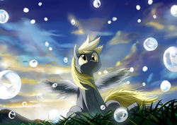 Size: 3035x2149 | Tagged: safe, artist:caibaoreturn, derpy hooves, pegasus, pony, g4, bubble, cloud, cloudy, female, grass, high res, mare, pixiv, solo, spread wings, wings