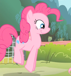 Size: 648x693 | Tagged: safe, screencap, pinkie pie, filli vanilli, g4, female, pronking, reaction image, silly, smiling, solo
