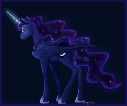 Size: 1094x909 | Tagged: safe, artist:solstjarn, princess luna, g4, female, glowing horn, horn, looking back, smiling, solo