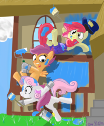Size: 800x965 | Tagged: safe, artist:tempestdk, artist:thezeo, apple bloom, scootaloo, sweetie belle, g4, clothes, cutie mark crusaders, falling, gloves, overalls, paint, paint in hair, paint on fur, the three stooges