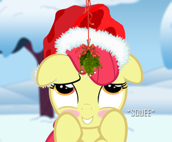 Size: 2975x2454 | Tagged: safe, artist:shutterflyeqd, part of a set, apple bloom, earth pony, pony, g4, adorabloom, blushing, cute, facing you, female, filly, hat, high res, holly, holly mistaken for mistletoe, mistleholly, mistletoe, santa hat, snow, solo, squee