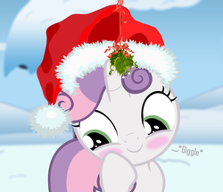 Size: 3124x2687 | Tagged: safe, artist:shutterflyeqd, part of a set, sweetie belle, pony, unicorn, g4, blushing, cute, diasweetes, female, filly, foal, giggling, hat, high res, holly, holly mistaken for mistletoe, mistleholly, mistletoe, santa hat, snow, solo