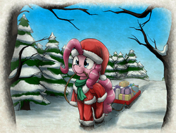 Size: 4193x3165 | Tagged: safe, artist:otakuap, pinkie pie, g4, clothes, female, hat, mouth hold, present, rope, santa costume, santa hat, sled, snow, solo, tree, winter