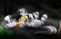 Size: 1024x660 | Tagged: safe, artist:llacky, zecora, oc, zebra, g4, cute, duo, mother and daughter, offspring, on back, parent:unnamed oc, parent:zecora, parents:canon x oc, zecorable