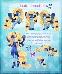 Size: 3300x3902 | Tagged: safe, artist:lessanamidairo, oc, oc only, oc:blue peleide, butterfly, butterfly pony, original species, pony, equestria girls, g4, abstract background, bow, butterfly wings, equestria girls-ified, high res, ponied up, reference sheet, solo, tail bow