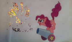 Size: 2600x1520 | Tagged: safe, artist:thegreatloofa, pinkie pie, g4, cross stitch, female, glitter, party cannon, photo, solo