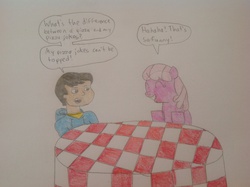 Size: 2592x1936 | Tagged: artist needed, safe, cheerilee, human, g4, carlos ramón, crossover, magic school bus, pizza, pun, quality, traditional art