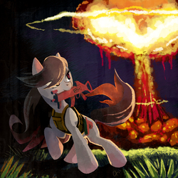 Size: 1200x1200 | Tagged: safe, artist:kapieren, octavia melody, g4, badass, explosion, female, gun, mouth hold, mushroom cloud, solo, war