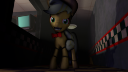 Size: 1024x576 | Tagged: safe, applejack, pony, robot, robot pony, five nights at aj's, g4, 3d, animatronic, applefreddy, creepy, female, five nights at freddy's, looking at you, solo