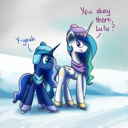 Size: 1200x1200 | Tagged: safe, artist:anticular, princess celestia, princess luna, alicorn, pony, ask sunshine and moonbeams, g4, clothes, duo, duo female, female, hat, ice, ice skating, mare, scarf, snow, tumblr