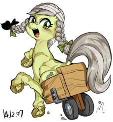 Size: 857x933 | Tagged: safe, artist:nekubi, jinx, earth pony, pony, g4, bandage, bow, disabled, female, hair bow, handicapped, smiling, underhoof, wheelchair