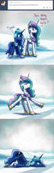 Size: 900x2876 | Tagged: safe, artist:anticular, princess celestia, princess luna, alicorn, pony, ask sunshine and moonbeams, g4, animated at source, animated in description, annoyed, clothes, comic, duo, duo female, female, hat, ice, ice skating, mare, scarf, snow, tumblr