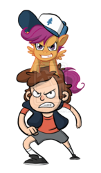 Size: 600x1029 | Tagged: dead source, safe, artist:carmalicious, scootaloo, pegasus, pony, g4, cap, crossover, deviantart watermark, dipper pines, female, filly, gravity falls, hat, male, obtrusive watermark, simple background, transparent background, watermark