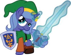 Size: 2000x1551 | Tagged: safe, artist:t-3000, princess luna, g4, clothes, cosplay, costume, female, filly, link, magic, shield, solo, sword, the legend of zelda, woona