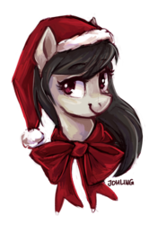 Size: 728x986 | Tagged: safe, artist:johling, octavia melody, earth pony, pony, g4, bow, bust, christmas, cute, female, hat, holiday, neck bow, portrait, santa hat, simple background, smiling, solo, tavibetes, transparent background