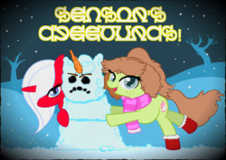 Size: 1024x724 | Tagged: safe, artist:catfood-mcfly, oc, oc only, oc:checked privilege, oc:peppermint snowflake, pony font, snow, snowfall, snowpony