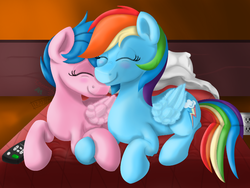 Size: 800x600 | Tagged: safe, artist:inurantchan, firefly, rainbow dash, pegasus, pony, comic:dash academy, g1, g4, backwards cutie mark, bed, bedroom, blushing, cute, eyes closed, female, flyabetes, holding hooves, lesbian, mare, nose wrinkle, nuzzling, prone, remote control, ship:dashfly, shipping, snuggling, wing fluff