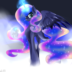 Size: 1000x1000 | Tagged: safe, artist:geraldine20, princess luna, g4, chest fluff, female, magic, smiling, solo, spread wings