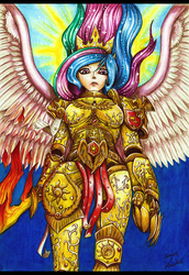 Size: 1000x1454 | Tagged: dead source, safe, artist:lanteria, artist:tarreth, princess celestia, human, g4, armor, claw, crossover, female, god empress of ponykind, god-emperor of mankind, humanized, multicolored hair, praise the sun, purity seal, solo, sword, warhammer (game), warhammer 40k, warrior, warrior celestia