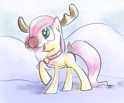 Size: 2400x2001 | Tagged: safe, artist:manfartwish, fluttershy, g4, blank flank, clothes, costume, female, filly, filly fluttershy, high res, raised hoof, reindeer antlers, rudolph the red nosed reindeer, solo, younger