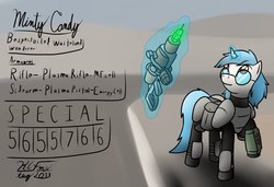 Size: 1280x876 | Tagged: safe, artist:the-furry-railfan, oc, oc only, oc:minty candy, pony, unicorn, fallout equestria, fallout equestria: occupational hazards, armor, energy weapon, glasses, glowing horn, gun, hooves, horn, levitation, magic, magical energy weapon, male, plasma rifle, reference sheet, saddle bag, solo, stallion, stats, telekinesis, weapon
