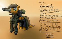 Size: 1280x820 | Tagged: safe, artist:the-furry-railfan, oc, oc only, oc:twintails, pegasus, pony, fallout equestria, fallout equestria: occupational hazards, armor, atomic bomb, clothes, gun, pipbuck, reference sheet, solo, stats