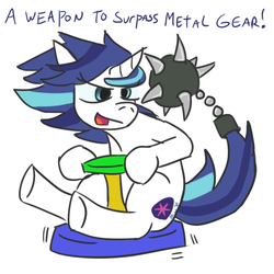Size: 850x850 | Tagged: safe, artist:jargon scott, shining armor, pony, unicorn, g4, a weapon to surpass metal gear, female, flail, gleaming shield, konami, mare, metal gear, metal gear solid, rule 63, sit-and-spin