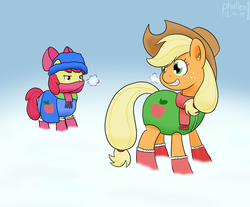 Size: 1024x849 | Tagged: safe, artist:phallen1, apple bloom, applejack, g4, blanket, clothes, coat, newbie artist training grounds, scarf, snow