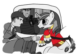 Size: 500x350 | Tagged: safe, artist:dantheman, shining armor, oc, human, fanfic:chrysalis visits the hague, g4, badge, black and white, car, chapter image, clothes, crossed hooves, duo focus, fanfic, fanfic art, fimfiction, fimfiction.net link, lawyer, monochrome, necktie, neo noir, nervous, netherlands, partial color, police, pony on earth, scared, taxi, uniform