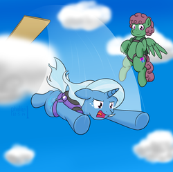 Size: 1024x1020 | Tagged: safe, artist:phallen1, trixie, oc, oc:windcatcher, pony, unicorn, g4, cloud, crying, diving board, falling, female, leap, mare, newbie artist training grounds, parachute, screaming, skydiving
