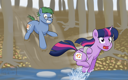 Size: 1024x637 | Tagged: safe, artist:phallen1, twilight sparkle, oc, oc:software patch, alicorn, pony, g4, bound wings, duo, female, forest, glasses, mare, mud, newbie artist training grounds, running, running of the leaves, sliding, splash, twilight sparkle (alicorn)